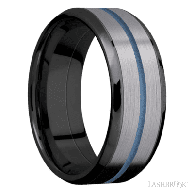 8 mm wide/Beveled/Zirconium band featuring inlays of Tantalum and Polar Blue.
