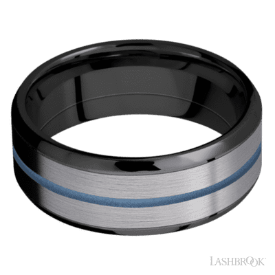 8 mm wide/Beveled/Zirconium band featuring inlays of Tantalum and Polar Blue.