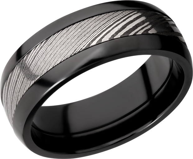 Zirconium domed 8mm band with a 4mm inlay of handmade Damascus steel