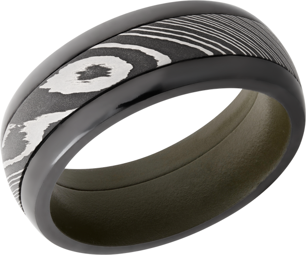 Zirconium pressed fit 8mm domed band with a 4mm inlay of Damascus steel and a Cerakote sleeve