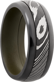 Zirconium pressed fit 8mm domed band with a 4mm inlay of Damascus steel and a Cerakote sleeve
