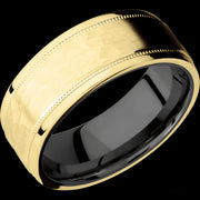 8 mm wide Flat Stepped Edges Milgrain 14K Yellow Gold band featuring a Zirconium sleeve.