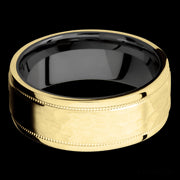 8 mm wide Flat Stepped Edges Milgrain 14K Yellow Gold band featuring a Zirconium sleeve.